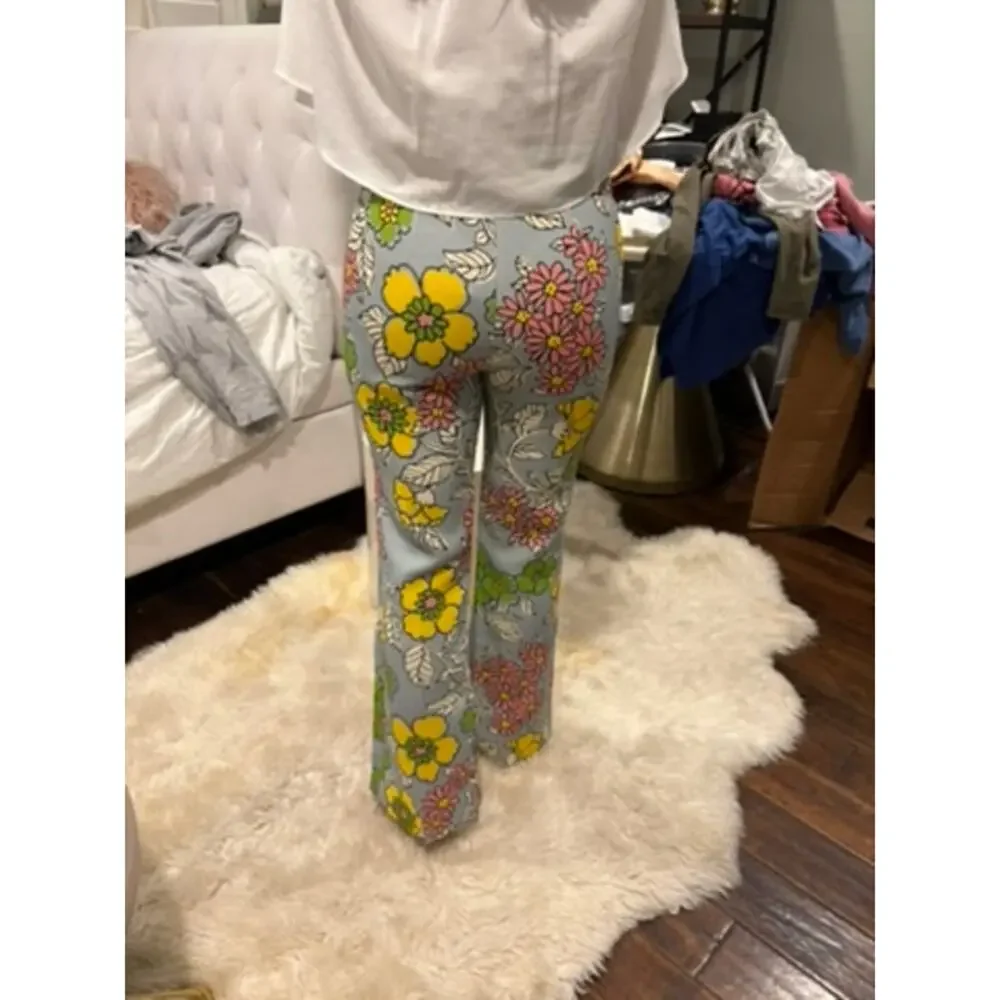 TORY BURCH Printed Twill Crepe Flared Pants | Blue Floral Wallpaper | NWT | 0